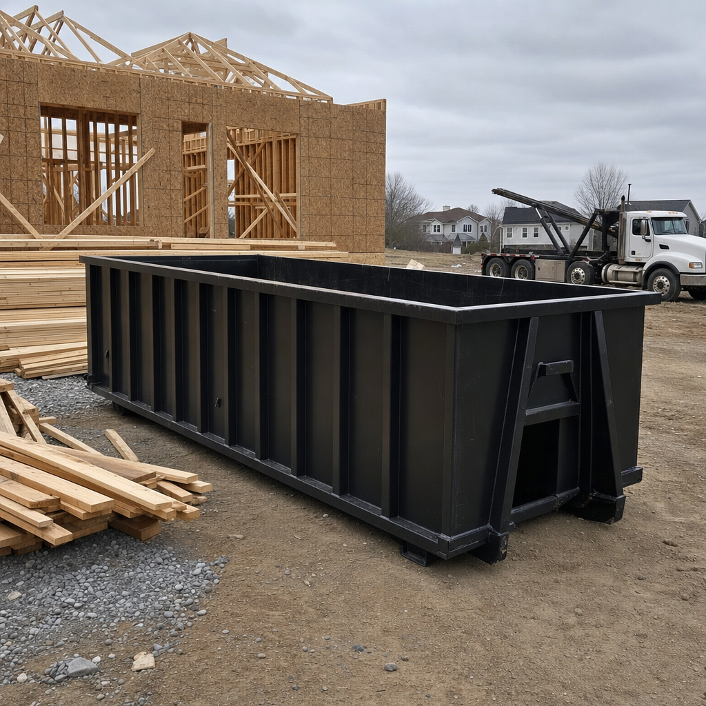 Matte-black 40-yard roll-off dumpster staged on a framed-out residential construction site in Kingsburg, framing lumber stacked nearby, hooklift delivery truck visible in the background under bright Colorado daylight