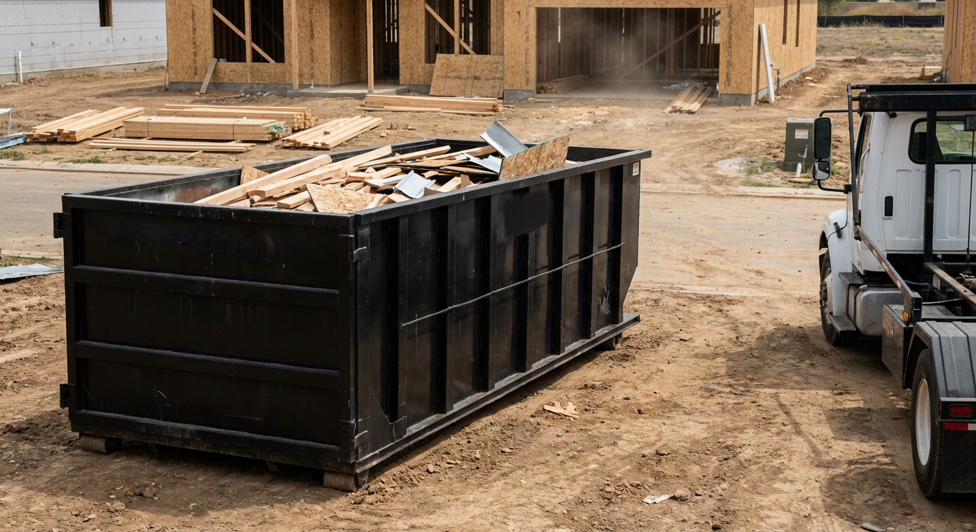 Matte-black 20-yard roll-off construction dumpster with heavy ribbed steel sidewalls and swing rear doors at a working jobsite in Kingsburg, sitting directly on compacted dirt with an unmarked white hauler partially visible at the far edge of the frame.