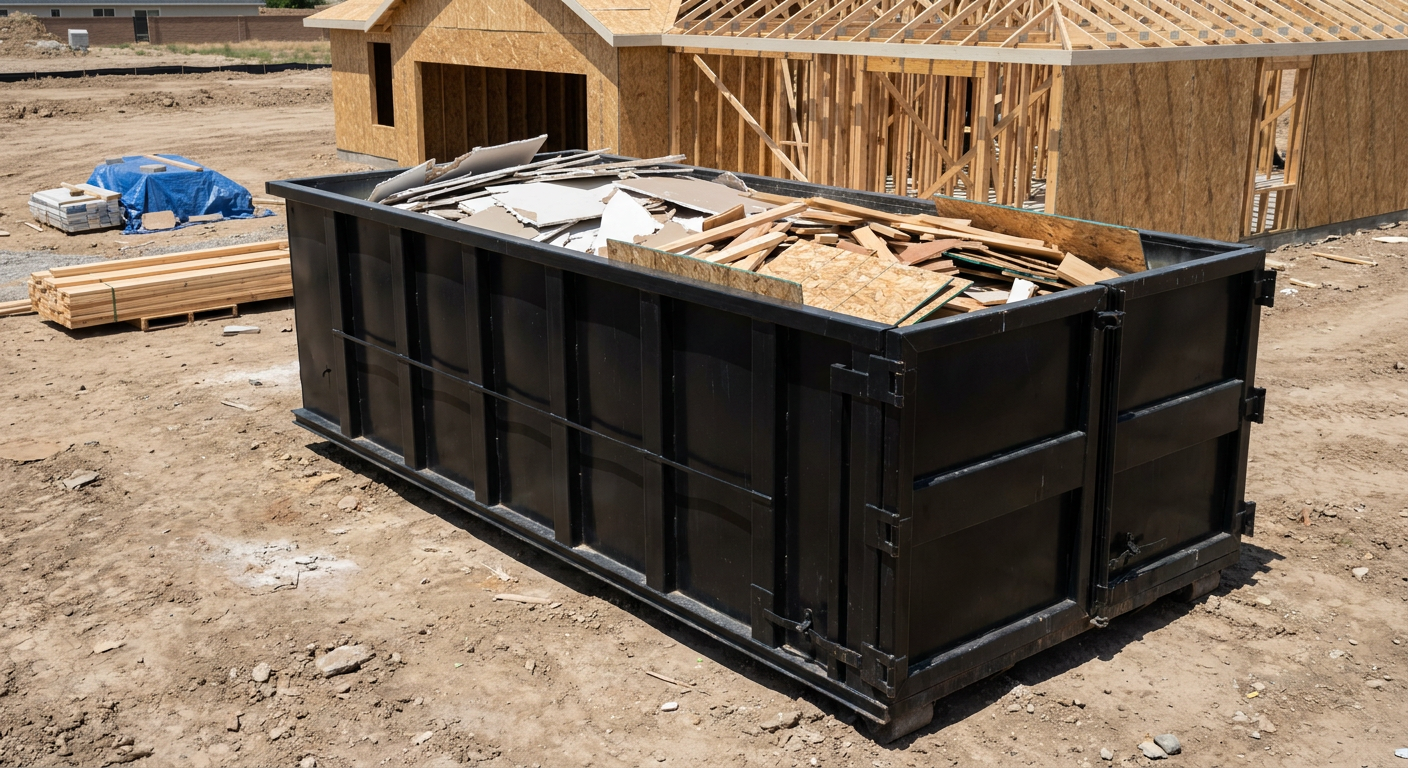 Matte-black 30-yard roll-off construction dumpster sitting directly on the compacted-dirt site of a framed single-family home build in Kingsburg, drywall and lumber scrap loaded inside.