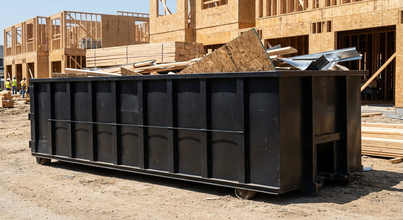 Matte-black 40-yard roll-off construction dumpster being lowered from a white-cab hooklift delivery truck onto the compacted-dirt jobsite at a commercial build site in Kingsburg