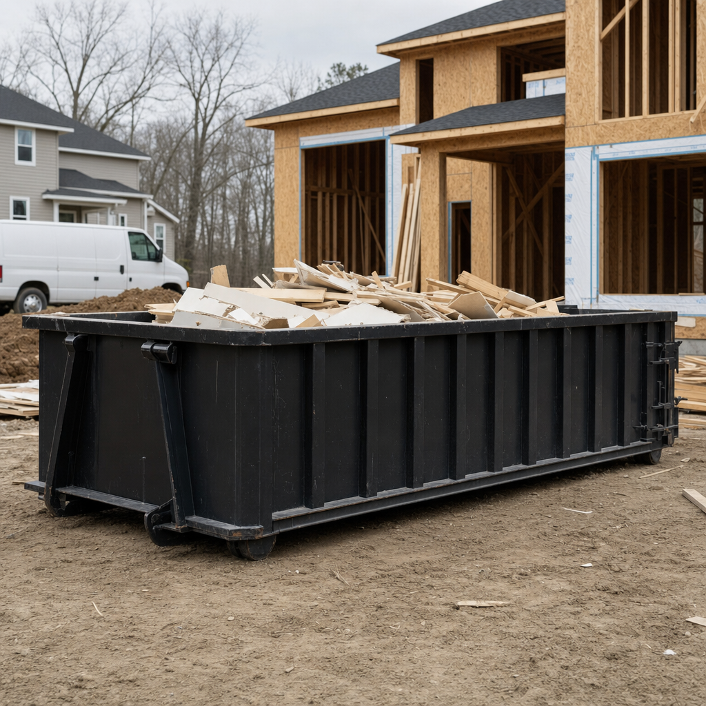 Worker in a yellow high-visibility vest tossing framing lumber and broken drywall into a matte-black 30-yard construction roll-off dumpster on an active build site in Kingsburg, bright daylight