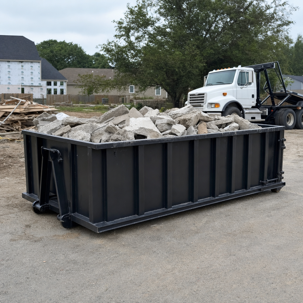 Low-profile matte-black lowboy roll-off dumpster loaded with broken concrete slab and rebar at a foundation tear-out in Kingsburg, skid steer parked beside it, sunny Colorado morning