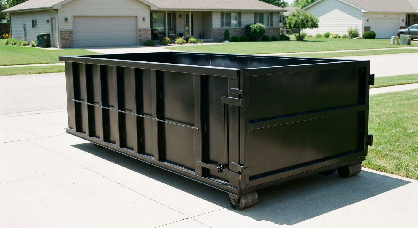 Matte-black 10-yard roll-off dumpster on a residential concrete driveway in Kingsburg, uniformly painted matte black across every panel and rail, ribbed steel sidewalls and rear swing door visible, mid-day daylight.