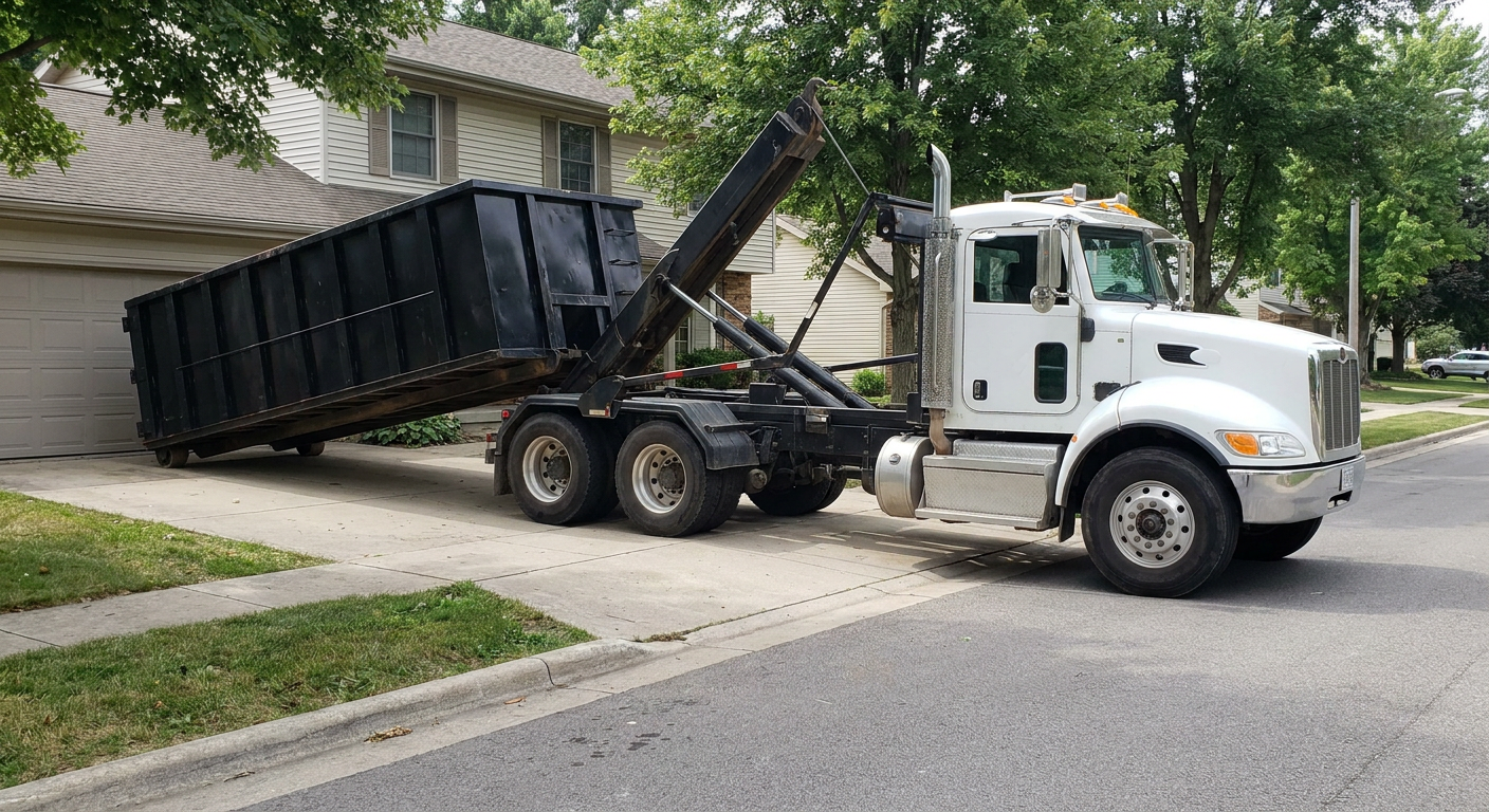 White-cab hooklift roll-off truck actively lowering a matte-black dumpster onto a Kingsburg residential concrete driveway, the dumpster's rear wheels touching the driveway as the hoist arm tilts the bed forward, mid-morning daylight.
