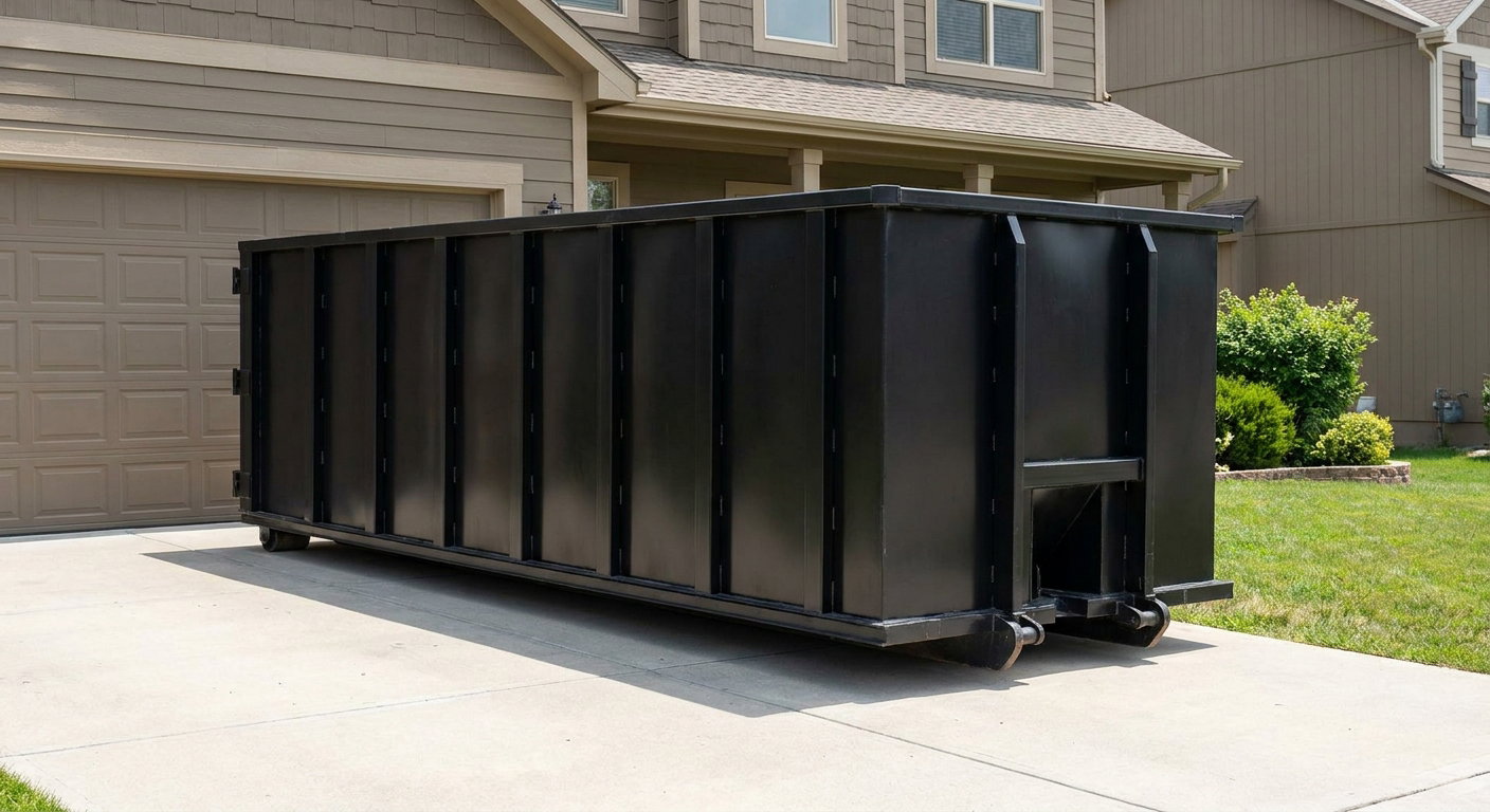 Matte-black residential roll-off dumpster sitting directly on a suburban Kingsburg concrete driveway, garage door closed, single-family home in background, bright morning daylight.