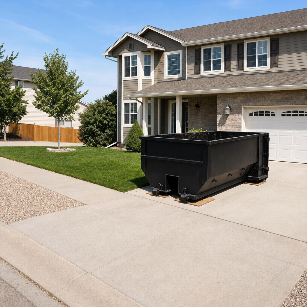 10-yard matte-black residential dumpster placed directly on a narrow Kingsburg concrete driveway, room remains for a parked sedan beside it, mid-morning natural light