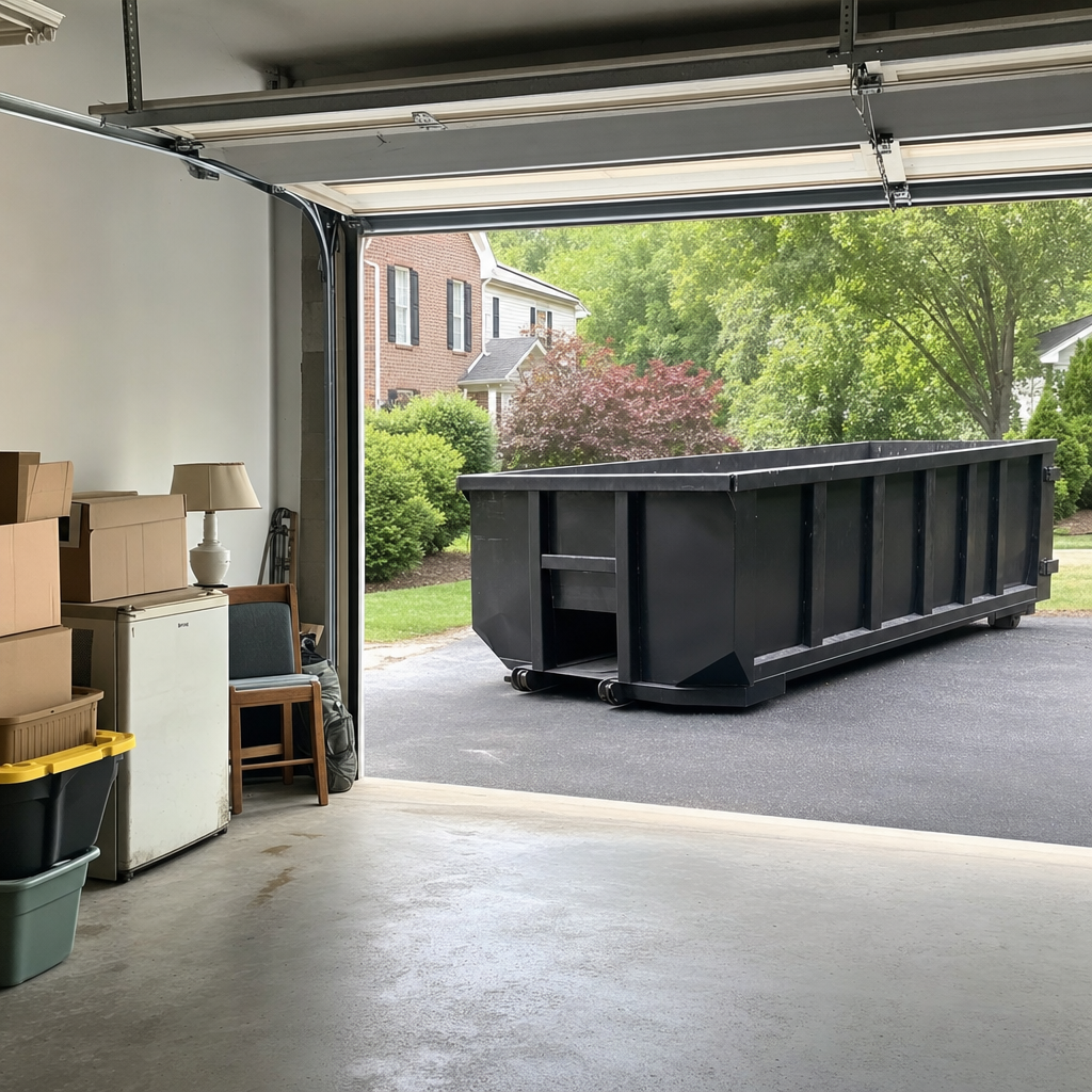 Open garage interior in a Kingsburg home mid-cleanout — boxed items, an old appliance, and stacked yard tools queued near the driveway for a matte-black roll-off dumpster, organized and calm