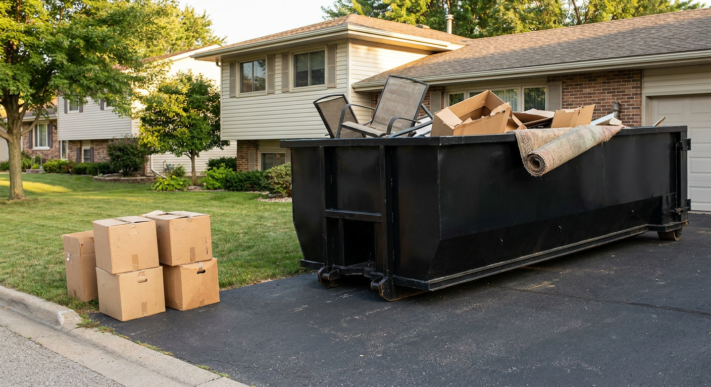 Front-yard view of a Kingsburg split-level home with a 20-yard matte-black roll-off dumpster sitting directly on the asphalt driveway, a few clearly labeled donation boxes staged at the curb, calm sunny afternoon.