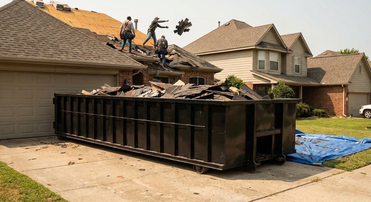 Matte-black roofing roll-off dumpster placed directly on a Kingsburg residential concrete driveway, a tear-off crew on a two-story asphalt-shingle roof tossing shingle bundles into the low-walled container, bright daylight, documentary 35mm perspective.