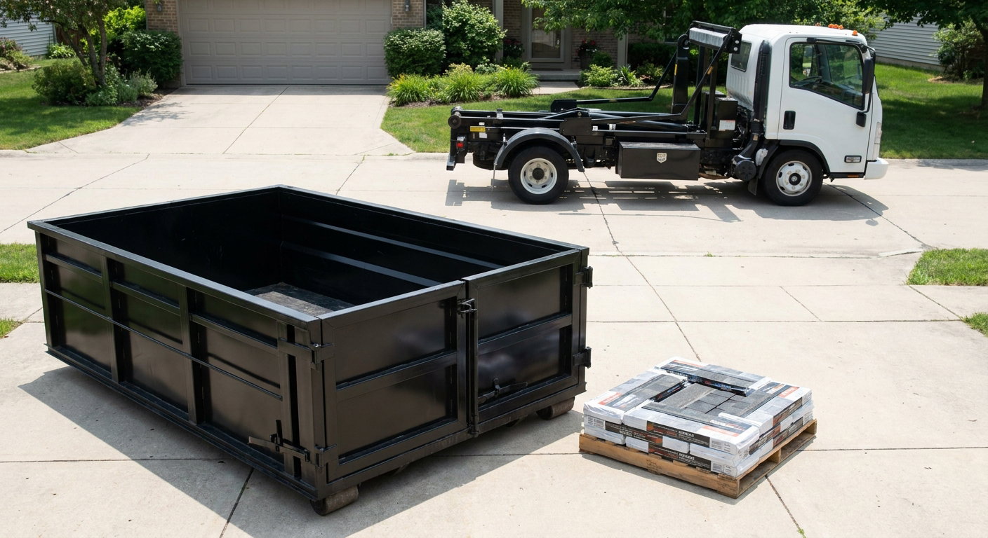 Matte-black 15-yard roofing roll-off dumpster with reinforced low side walls sitting directly on a Kingsburg residential concrete driveway, three-tab asphalt shingle bundles stacked nearby, an unmarked white hauler truck partially visible at the edge of the frame.