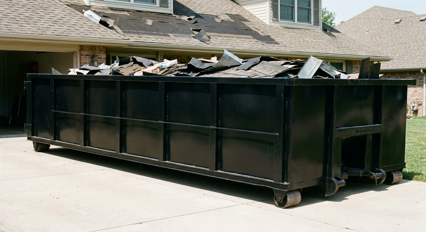 Matte-black 20-yard roofing roll-off dumpster with steel ribbed sides and swinging rear door, sitting directly on the concrete driveway of a two-story Kingsburg home, asphalt shingle debris being loaded over the low wall, clean documentary lighting.