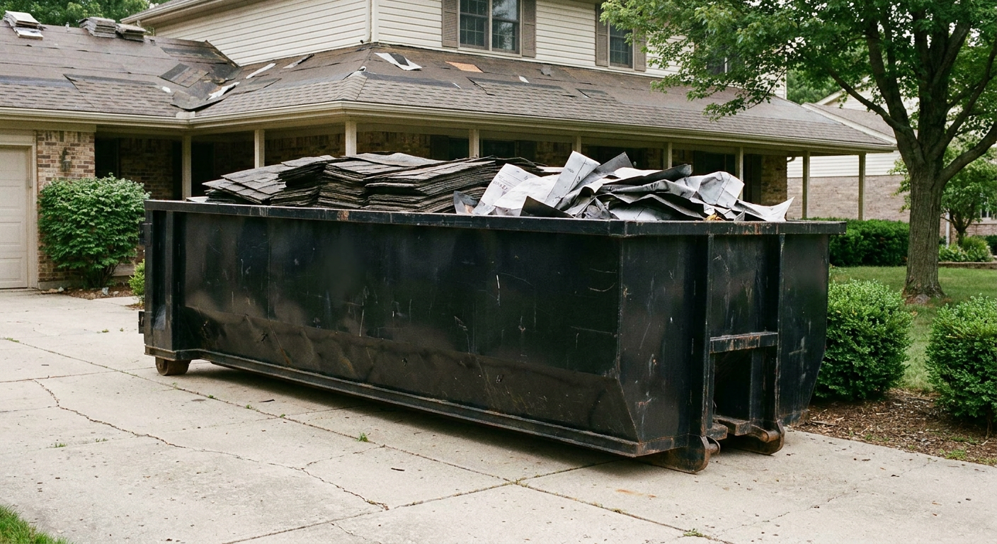Matte-black 30-yard roofing roll-off dumpster sitting directly on a Kingsburg concrete driveway, taller ribbed steel side panels, mixed tear-off debris of asphalt shingles and underlayment inside, professional documentary daylight.