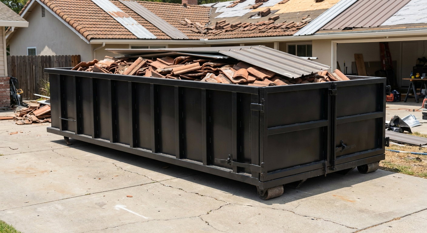 Matte-black low-wall heavy-debris roofing roll-off dumpster sitting directly on a Kingsburg concrete driveway, broken concrete clay roof tiles and metal panel sections loaded inside, reinforced ribbed steel side walls visible, bright outdoor daylight.