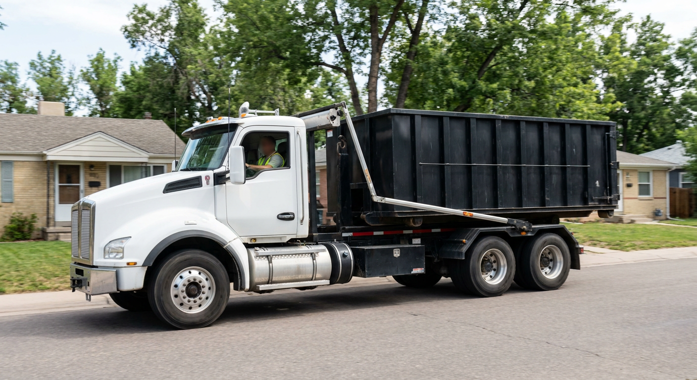 A wide documentary shot of a matte-black roll-off delivery truck pulling onto a quiet Kingsburg residential street at mid-morning, with neighborhood rooftops and tree-lined blocks visible behind, showing the metro coverage footprint.