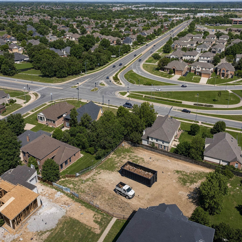 An overhead documentary view of the Kingsburg metro area at midday, showing the spread of neighborhoods, arterial roads, and the dispatch radius from a central yard — clean daylight, organized geographic layout.