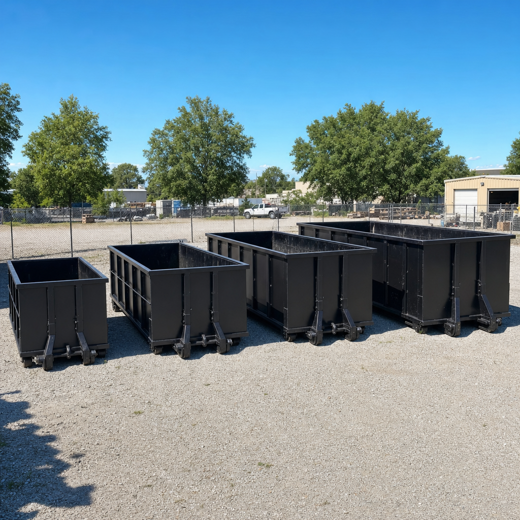 A clean lineup of matte-black roll-off dumpsters in 10, 20, 30, and 40-yard sizes staged on a sunlit gravel yard in Kingsburg, showing the size progression from compact to commercial-scale containers.