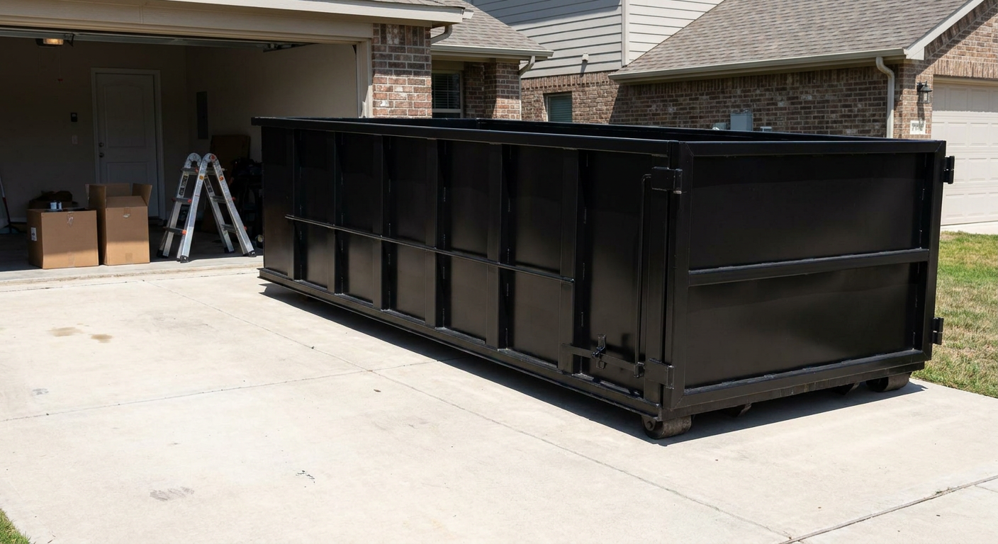 A matte-black 10-yard roll-off dumpster sitting directly on a residential Kingsburg concrete driveway, mid-day sunlight, clean and ready for a garage cleanout.