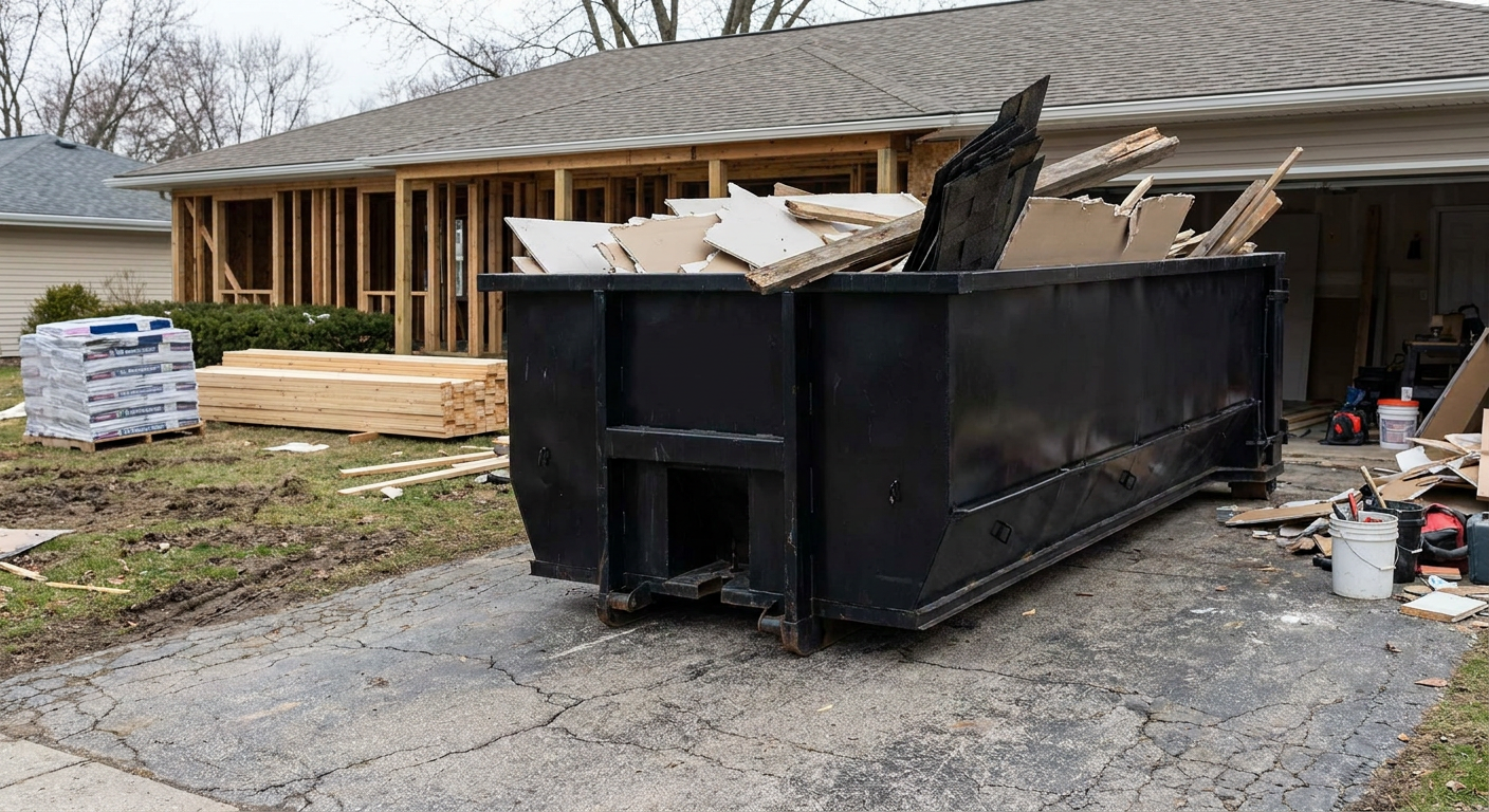 A matte-black 20-yard roll-off dumpster placed alongside a mid-renovation Kingsburg home directly on the asphalt driveway, with framing materials and torn-off shingles staged neatly nearby.