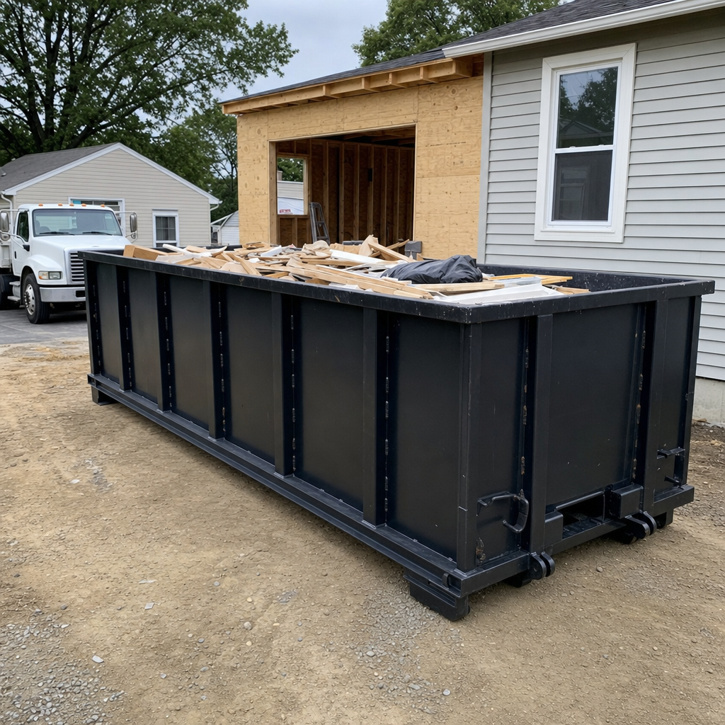 A matte-black 30-yard roll-off dumpster positioned at a Kingsburg residential addition jobsite, with framing lumber and drywall scraps loaded through the open swinging rear doors.