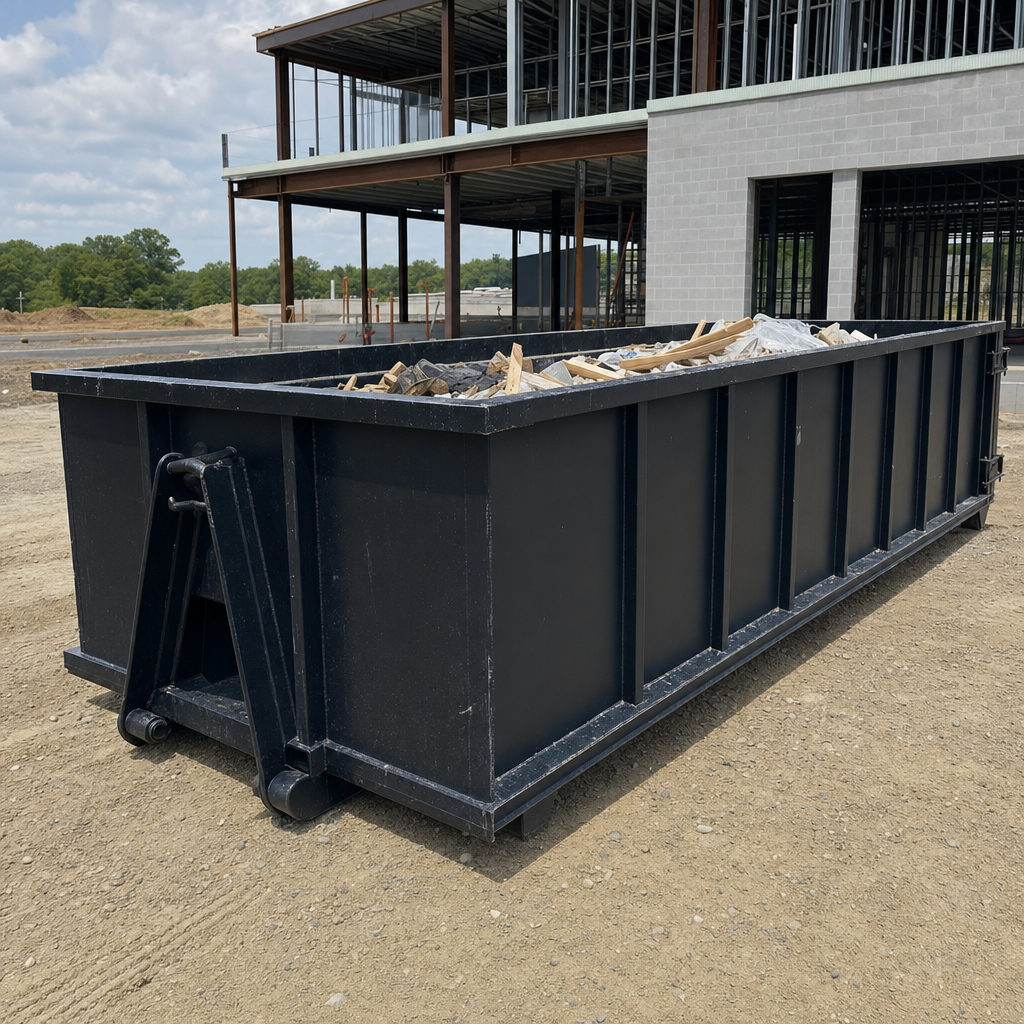 A matte-black 40-yard roll-off dumpster staged on a large Kingsburg commercial construction lot, with a hooklift delivery truck parked alongside under bright midday sky.