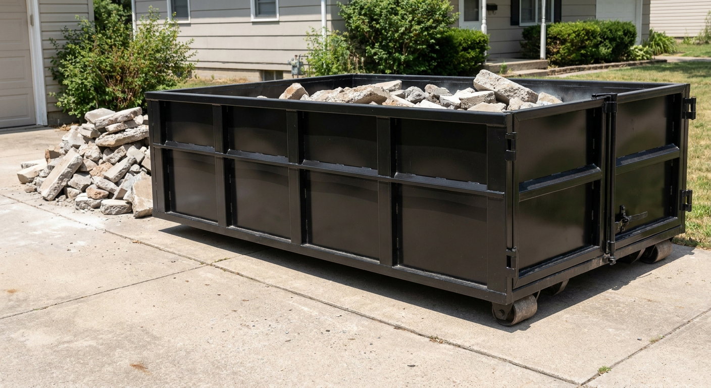 A matte-black low-side heavy-debris roll-off dumpster placed directly on a Kingsburg concrete driveway, with broken concrete chunks neatly stacked beside it under clean daylight.